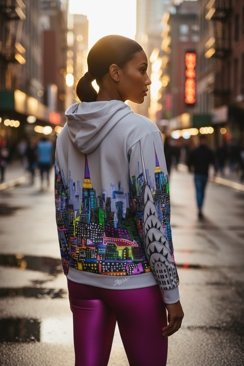 Person wearing a hoodie with a colorful cityscape Loria NYC Art design on a city street.