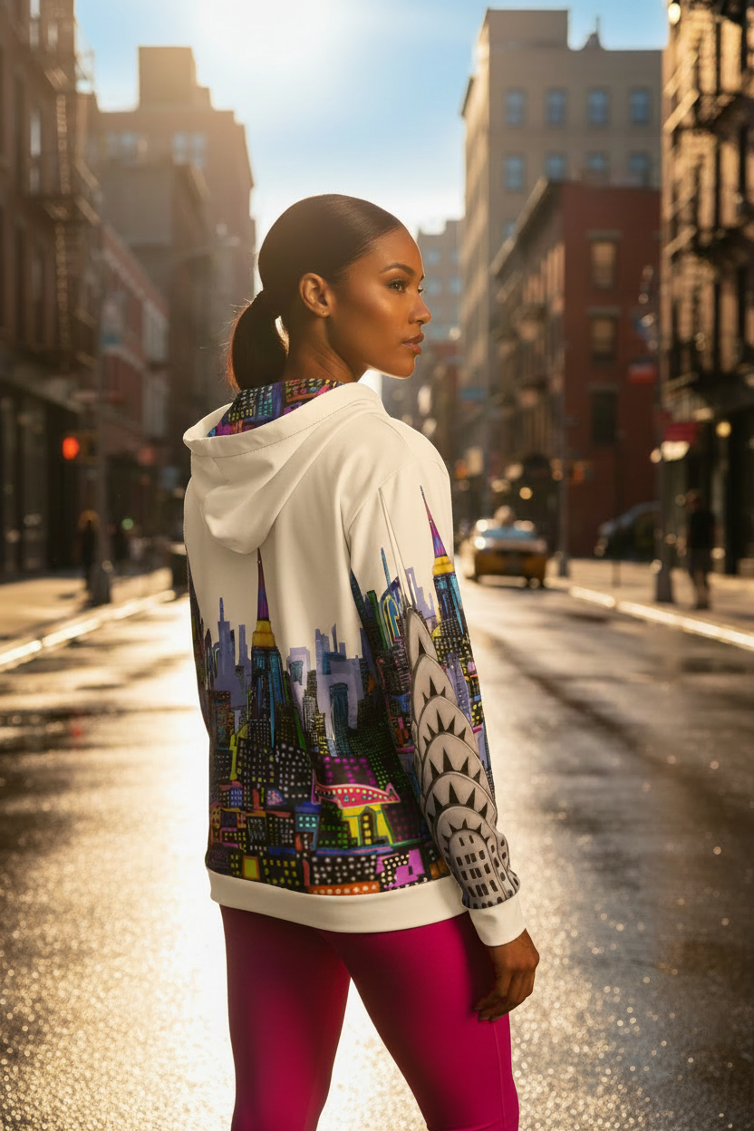 Woman wearing a colorful Loria NYC Art hoodie with a cityscape design on a city street.