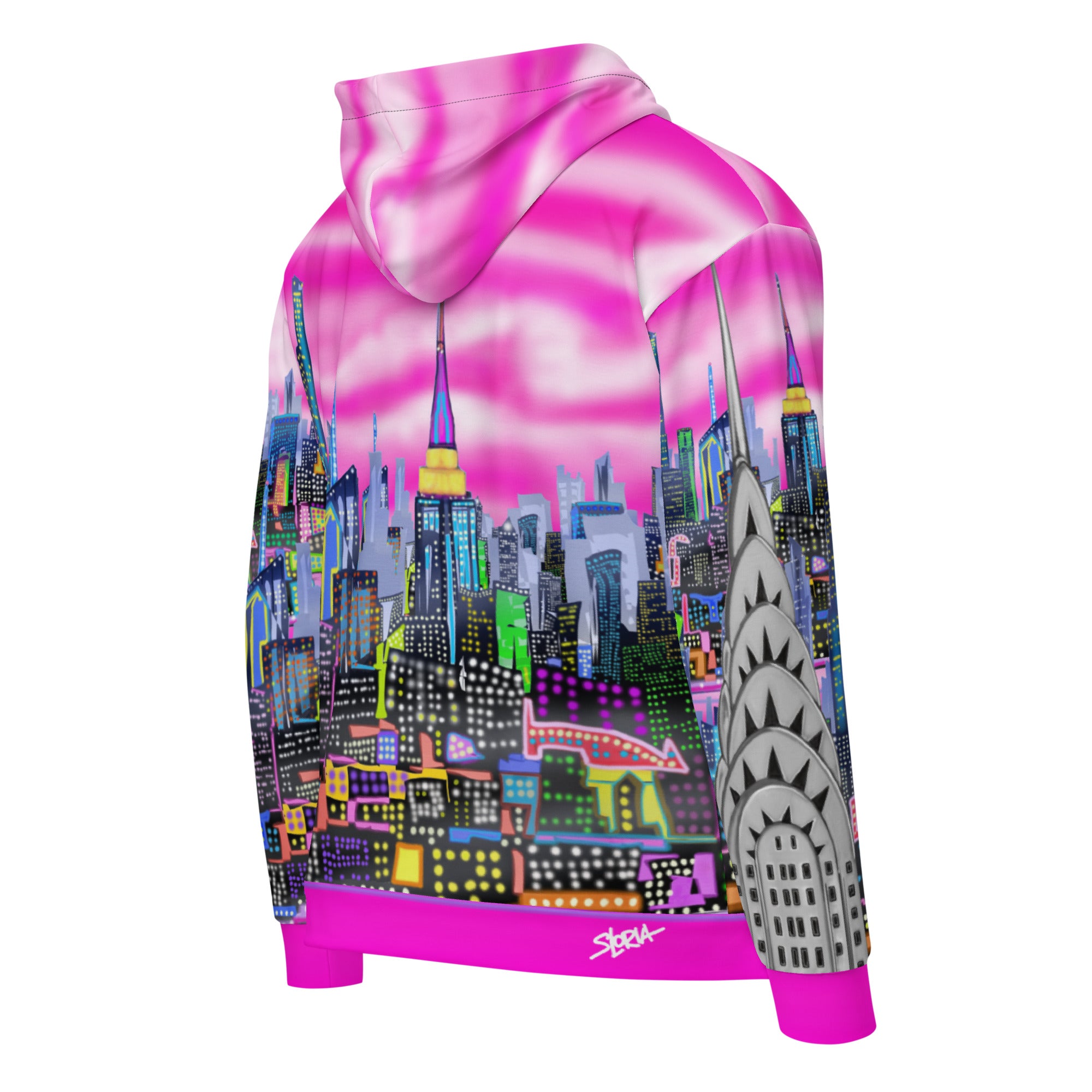 Hoodie with a colorful cityscape Loria NYC Art design on a white background