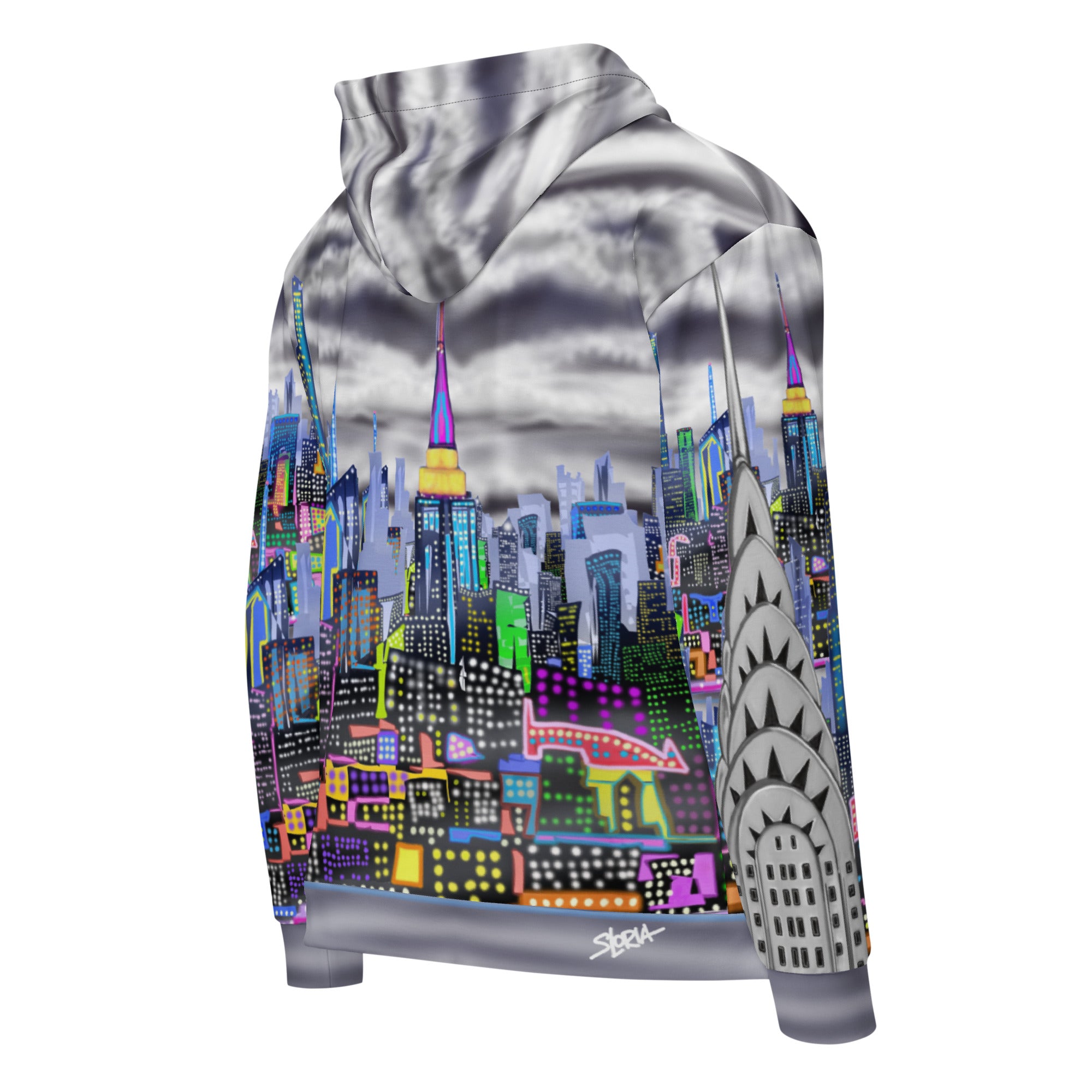 Hoodie with a colorful cityscape Loria NYC Art design on a white background
