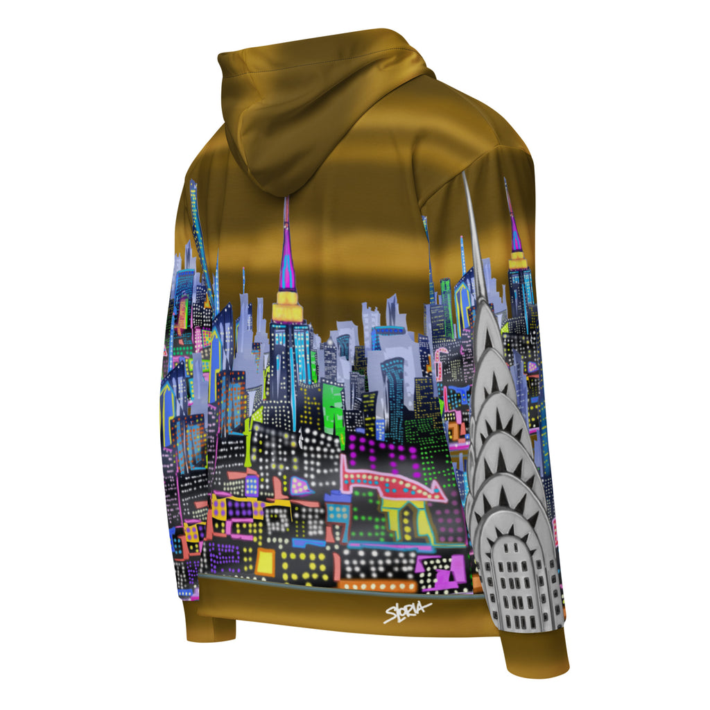 Hoodie with a colorful cityscape Loria NYC Art design on the back against a white background