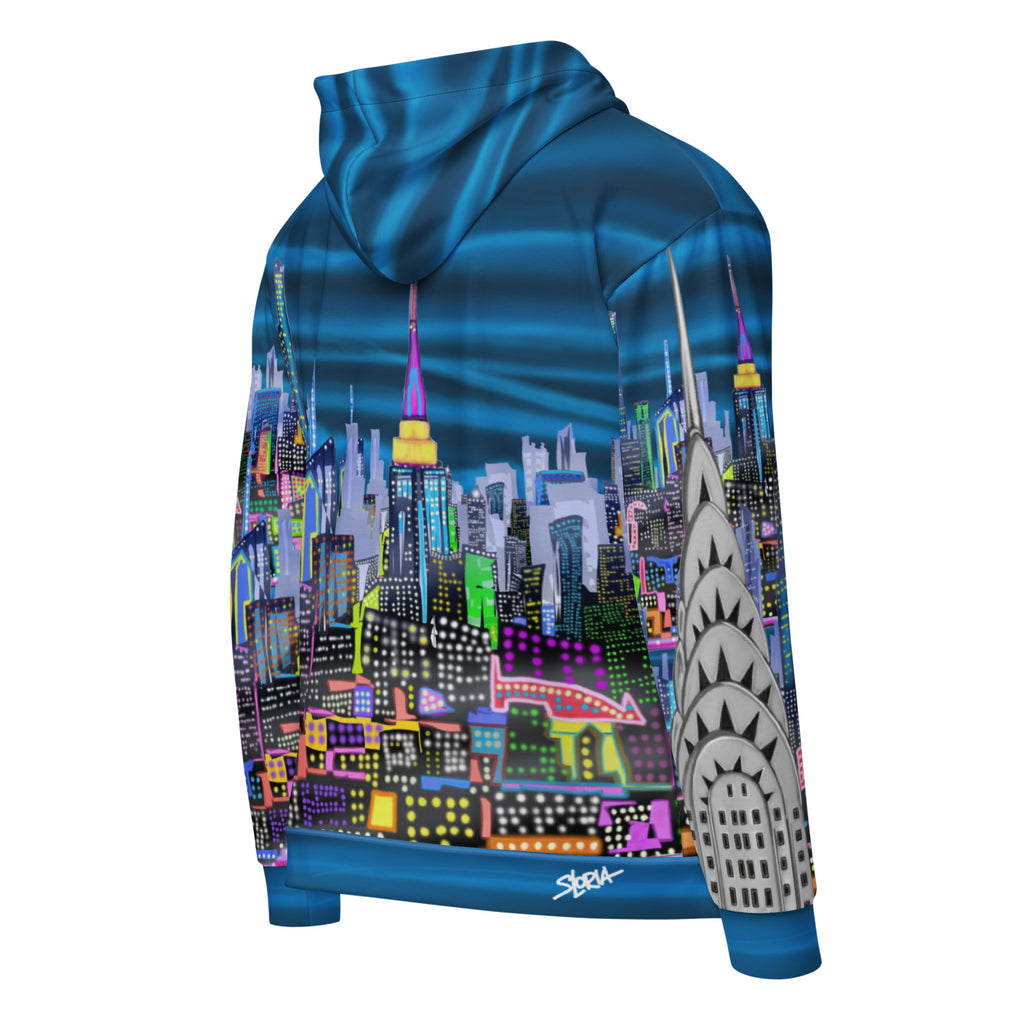 Back side view of Blue Hoodie with cityscape design by Loria NYC Art on a white background