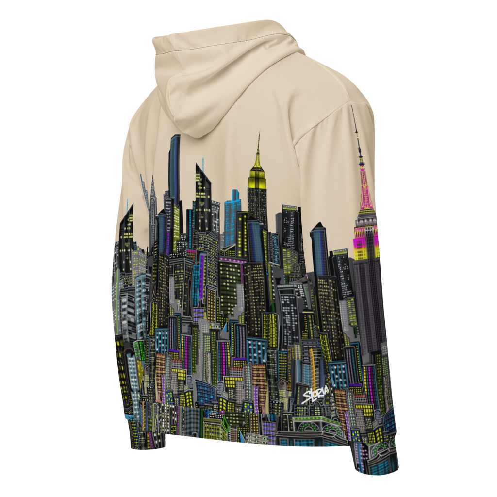 Beige hoodie with colorful Loria NYC Art cityscape design on a white background