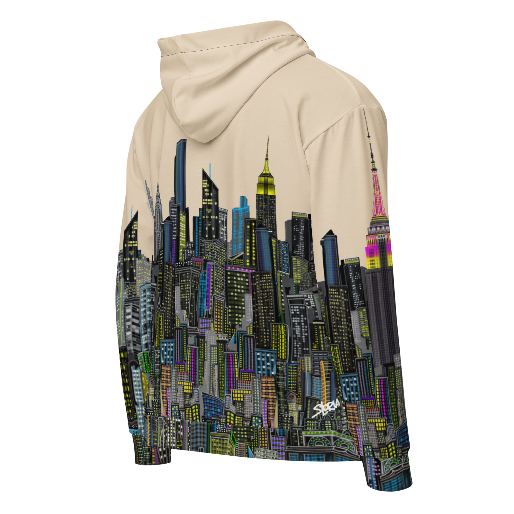 Beige hoodie with colorful Loria NYC Art cityscape design on a white background