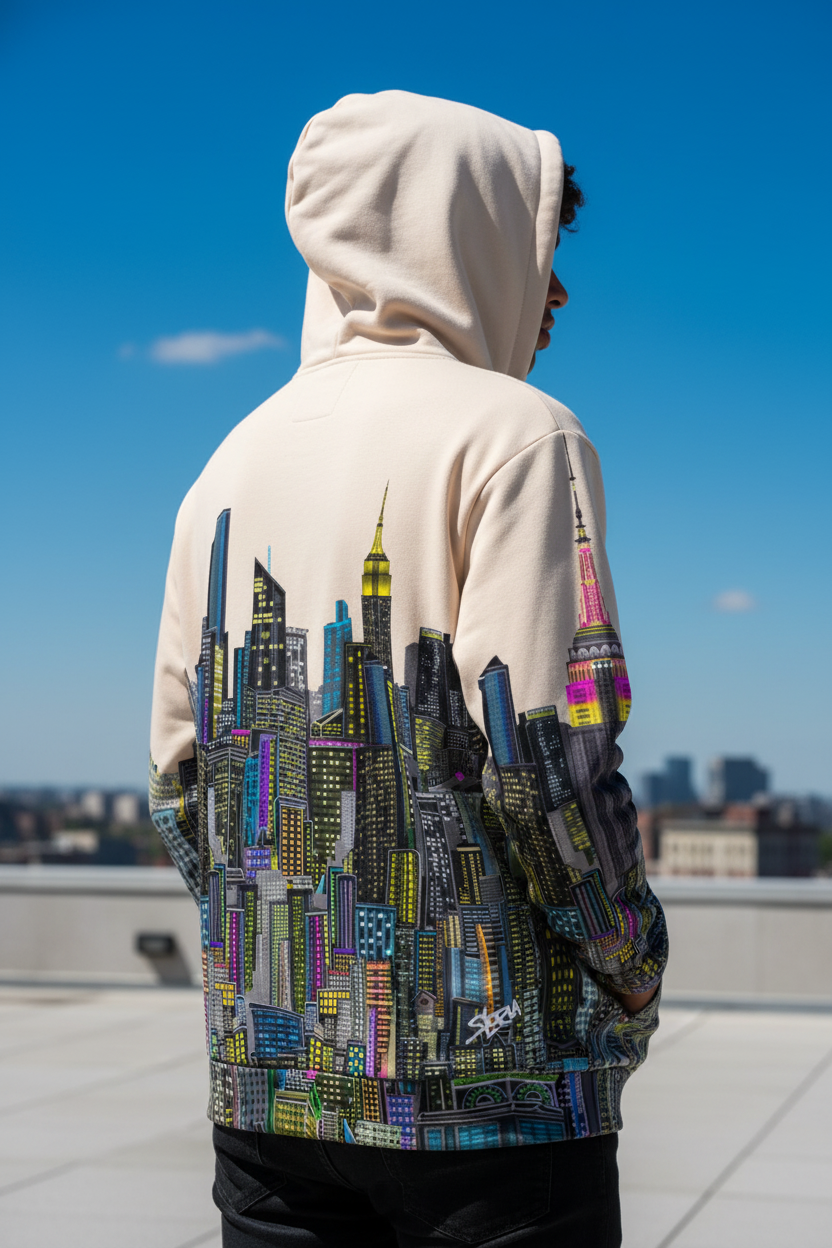 Person wearing a hoodie with a colorful cityscape Loria NYC Art design on a rooftop with a clear blue sky.