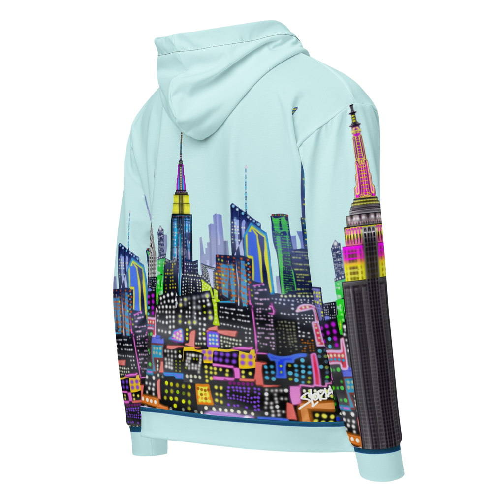 Light blue hoodie with a colorful Loria NYC Art cityscape design on a white background