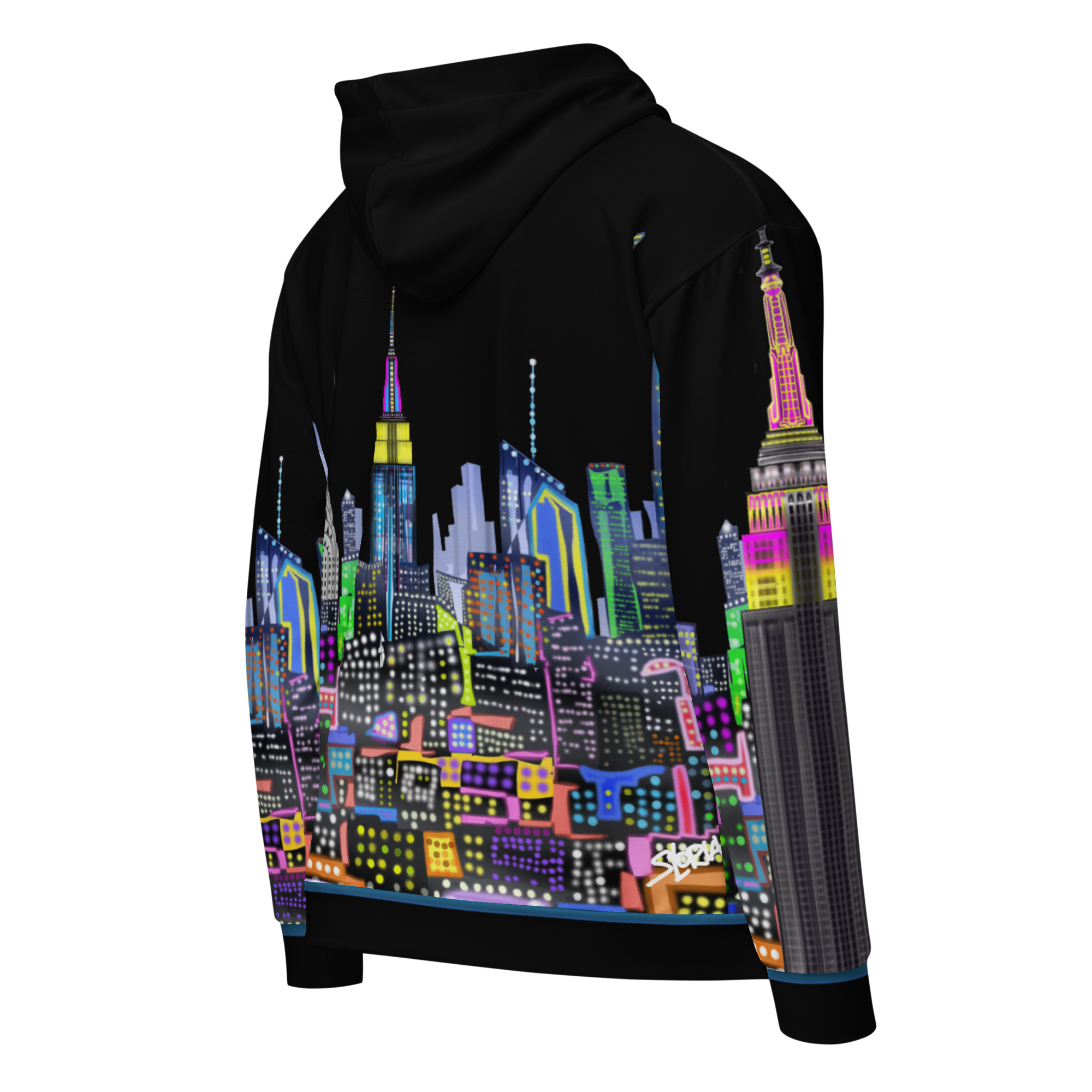Black hoodie with a colorful Loria NYC Art cityscape design on the back against a white background