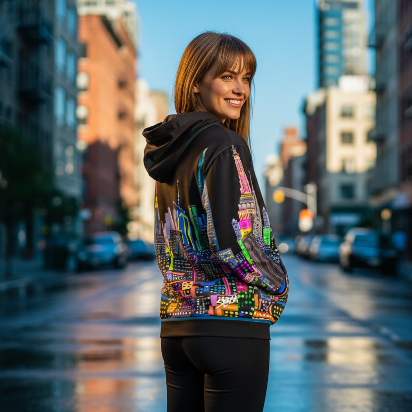Person wearing a colorful Loria NYC Art jacket with a cityscape design on a city street.