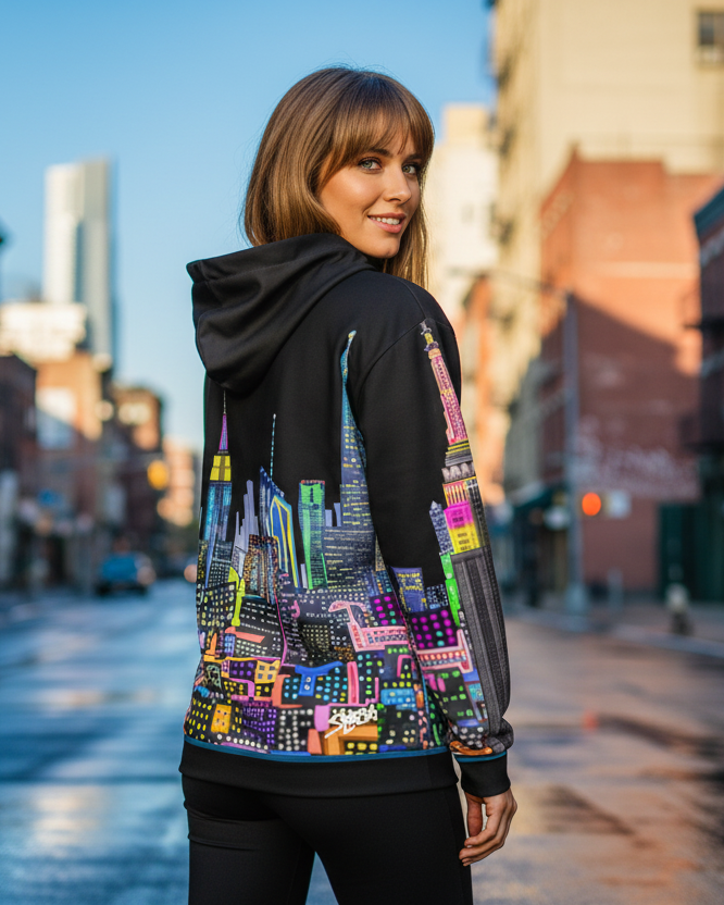 Person wearing a colorful hoodie with cityscape Loria NYC Art design on a city street.