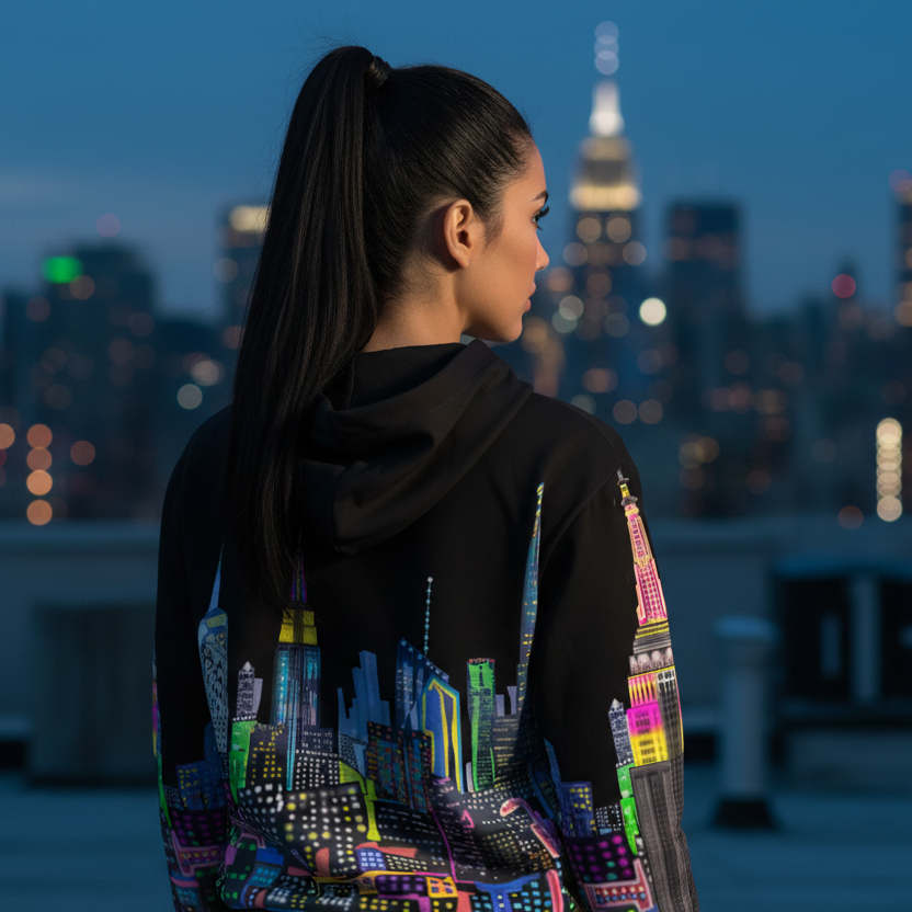 Woman wearing a colorful Loria NYC Art hoodie with a cityscape design, standing on a rooftop at night with a city skyline in the background.