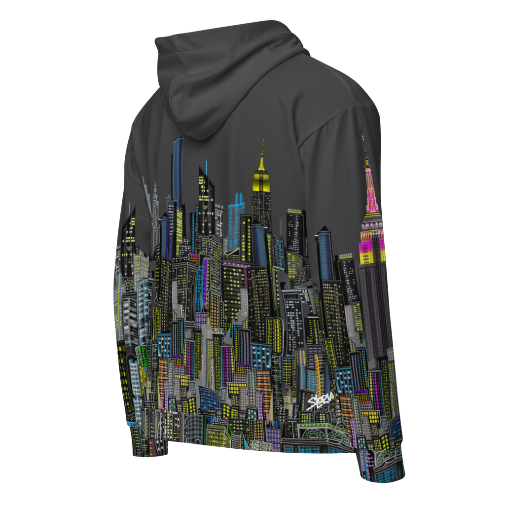 Hoodie with Loria NYC Art cityscape design on a white background