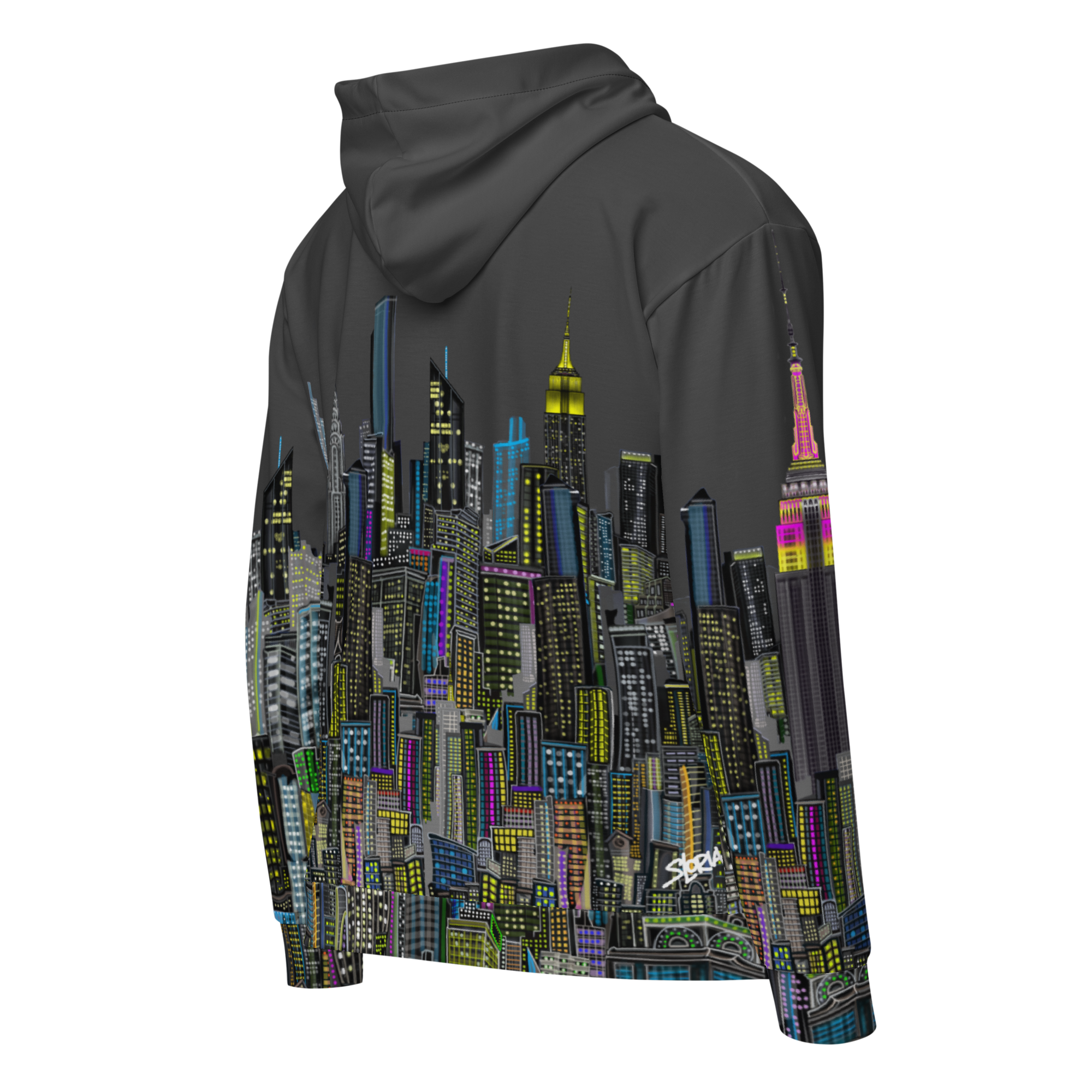 Hoodie with Loria NYC Art cityscape design on a white background