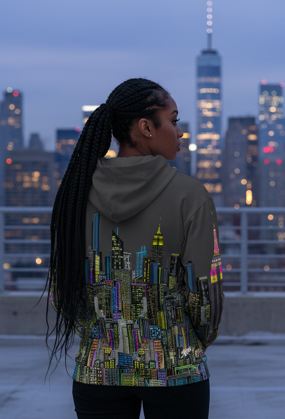 Person wearing a colorful Loria NYC Art jacket with cityscape design, standing on a rooftop overlooking a city skyline at dusk.