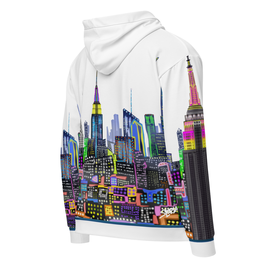Hoodie with a colorful cityscape Loria NYC Art design on a white background