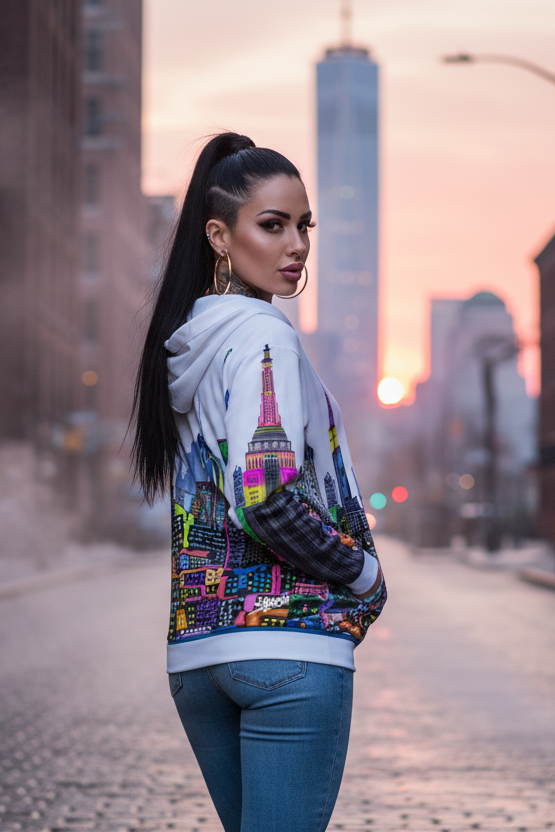 Woman wearing a colorful Loria NYC Art hoodie with a cityscape background