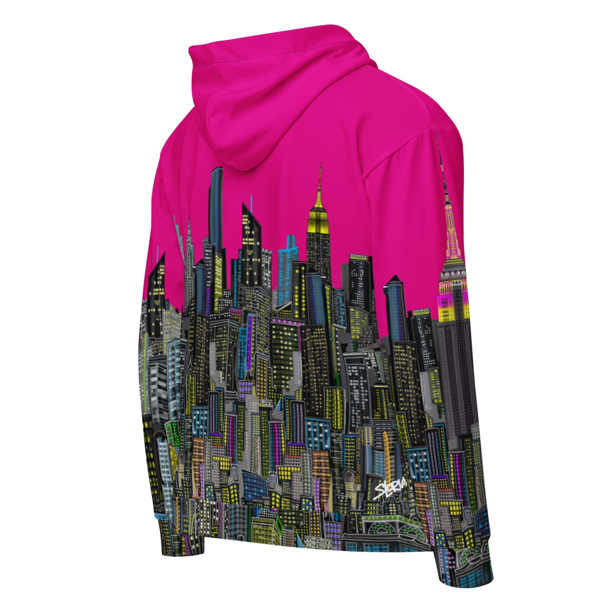 Pink hoodie with cityscape NYC Loria Art design on a white background