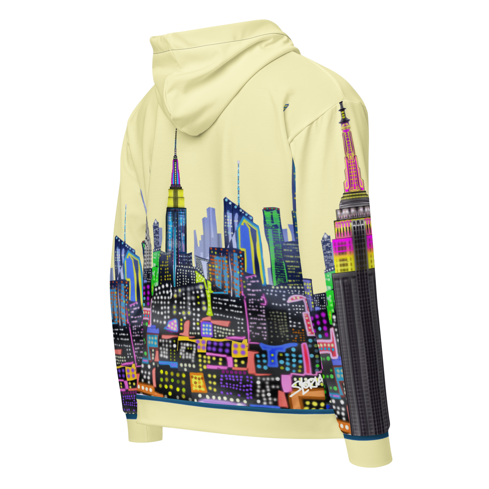 Hoodie with a colorful Loria NYC Art cityscape design on the back against a white background