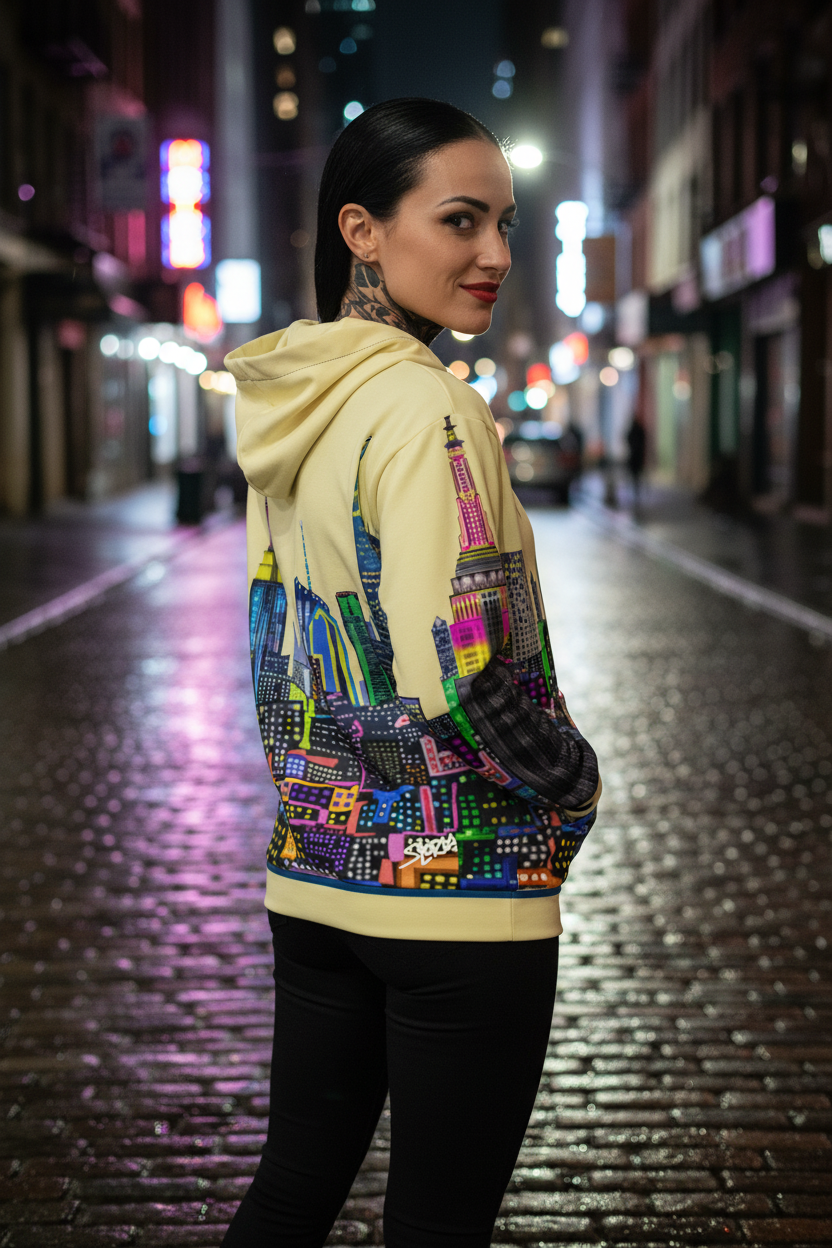 Person wearing a colorful Loria NYC Art hoodie with cityscape design on a street at night.