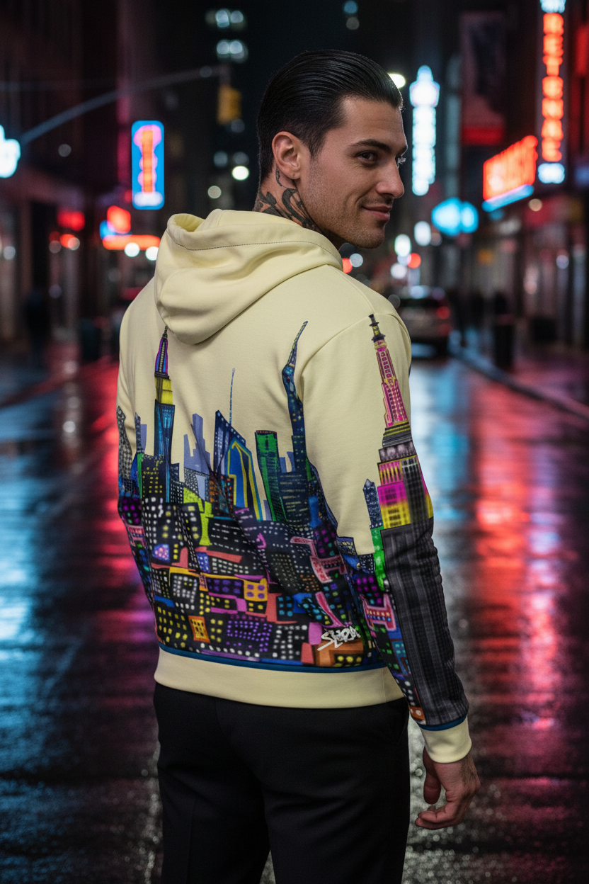 Person wearing a Loria NYC Art hoodie with a colorful cityscape design on a neon-lit street.