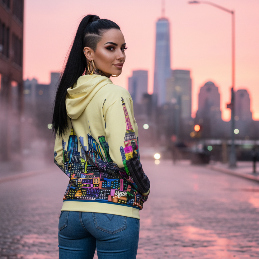 Woman wearing a colorful Loria NYC Art hoodie and jeans standing on a city street with a city skyline in the background.
