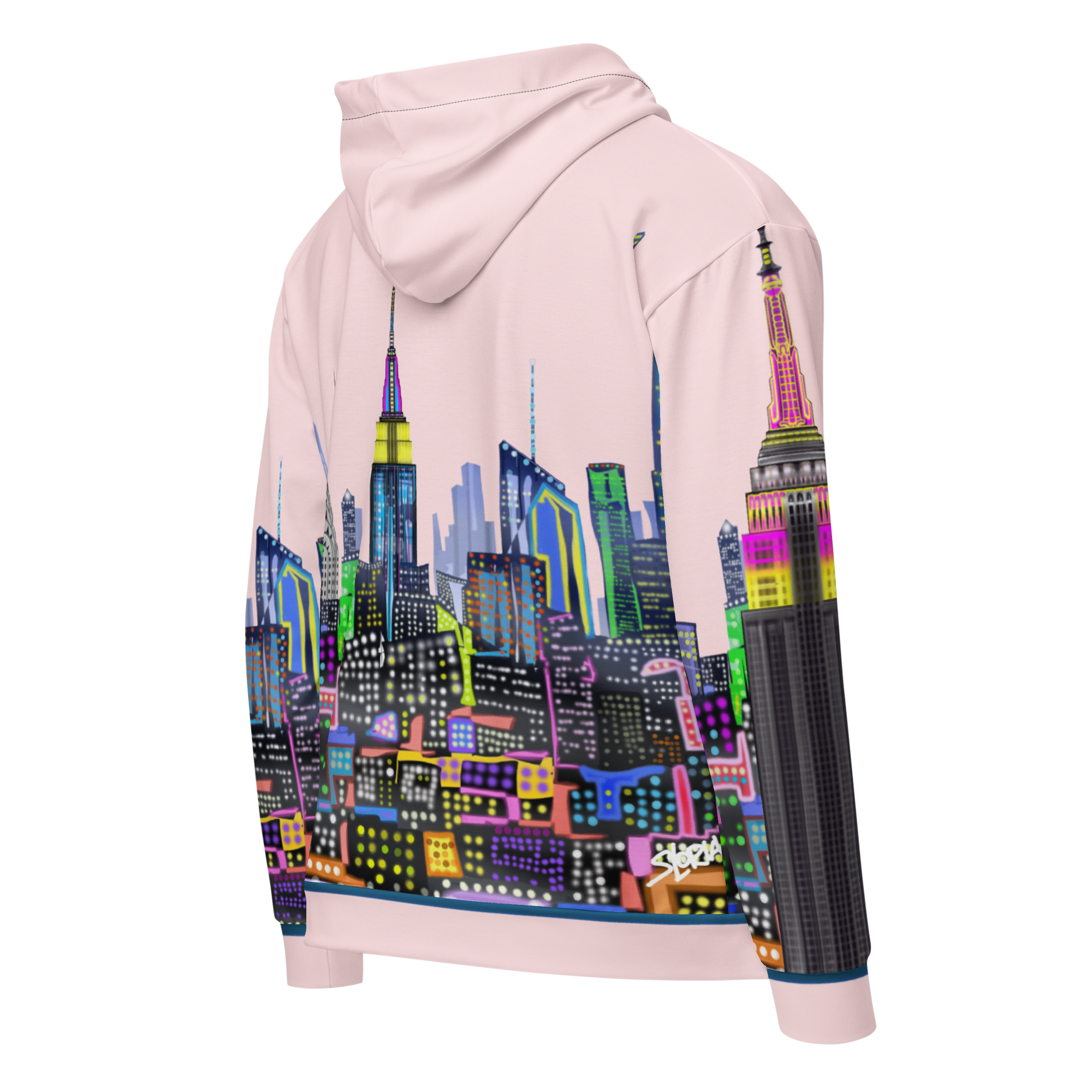 Pink hoodie with a colorful Loria NYC Art cityscape design on a white background