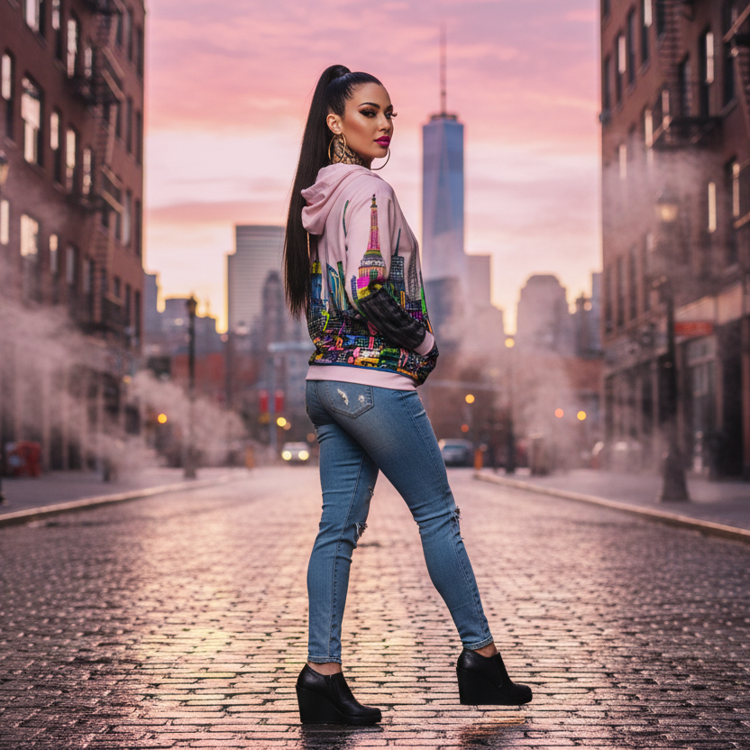 Woman standing on a city street with a colorful Loria NYC Art jacket and jeans, city skyline in the background