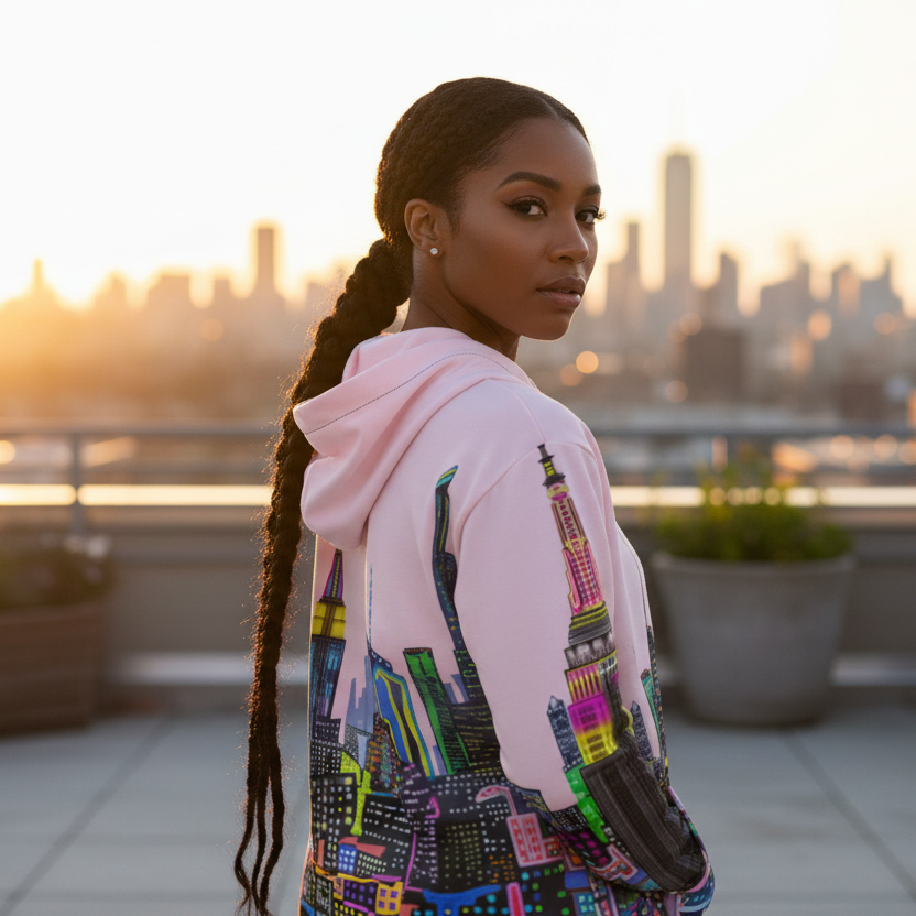 Woman wearing pink Loria NYC Art hoodie standing on a rooftop with a city skyline in the background during sunset.