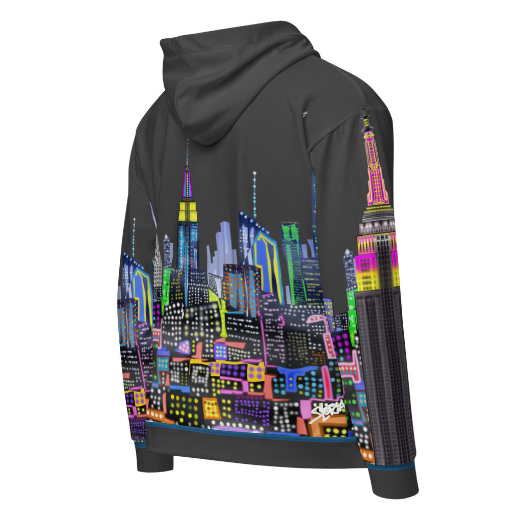 Hoodie with a colorful Loria NYC Art cityscape design on the back against a white background
