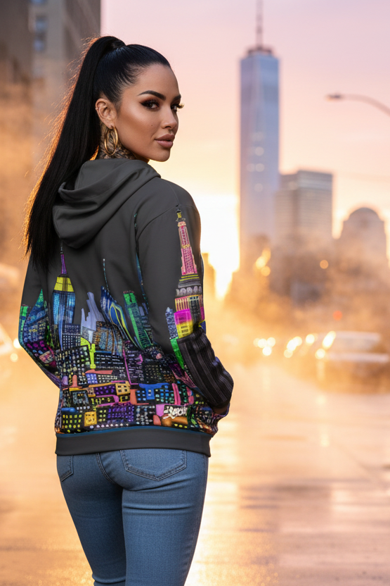 Woman wearing a hoodie with a colorful cityscape Loria NYC Art design, standing in an urban setting.