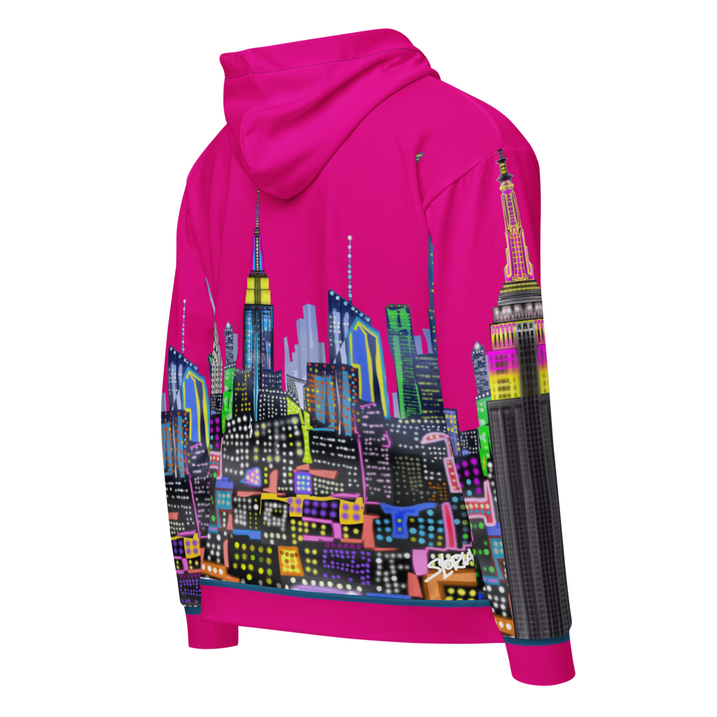 Pink hoodie with a colorful Loria NYC Art cityscape design on a white background