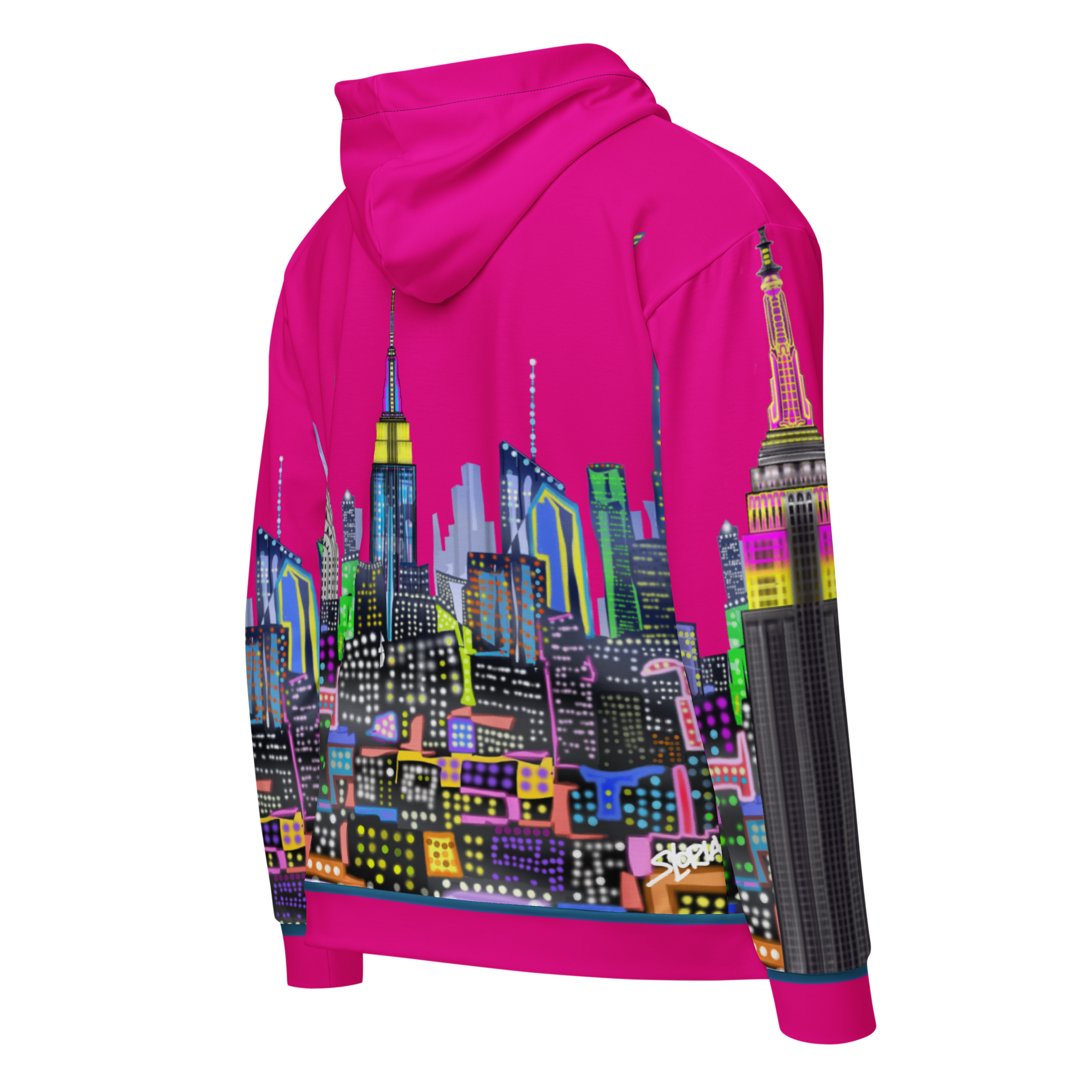 Pink hoodie with a colorful Loria NYC Art cityscape design on a white background