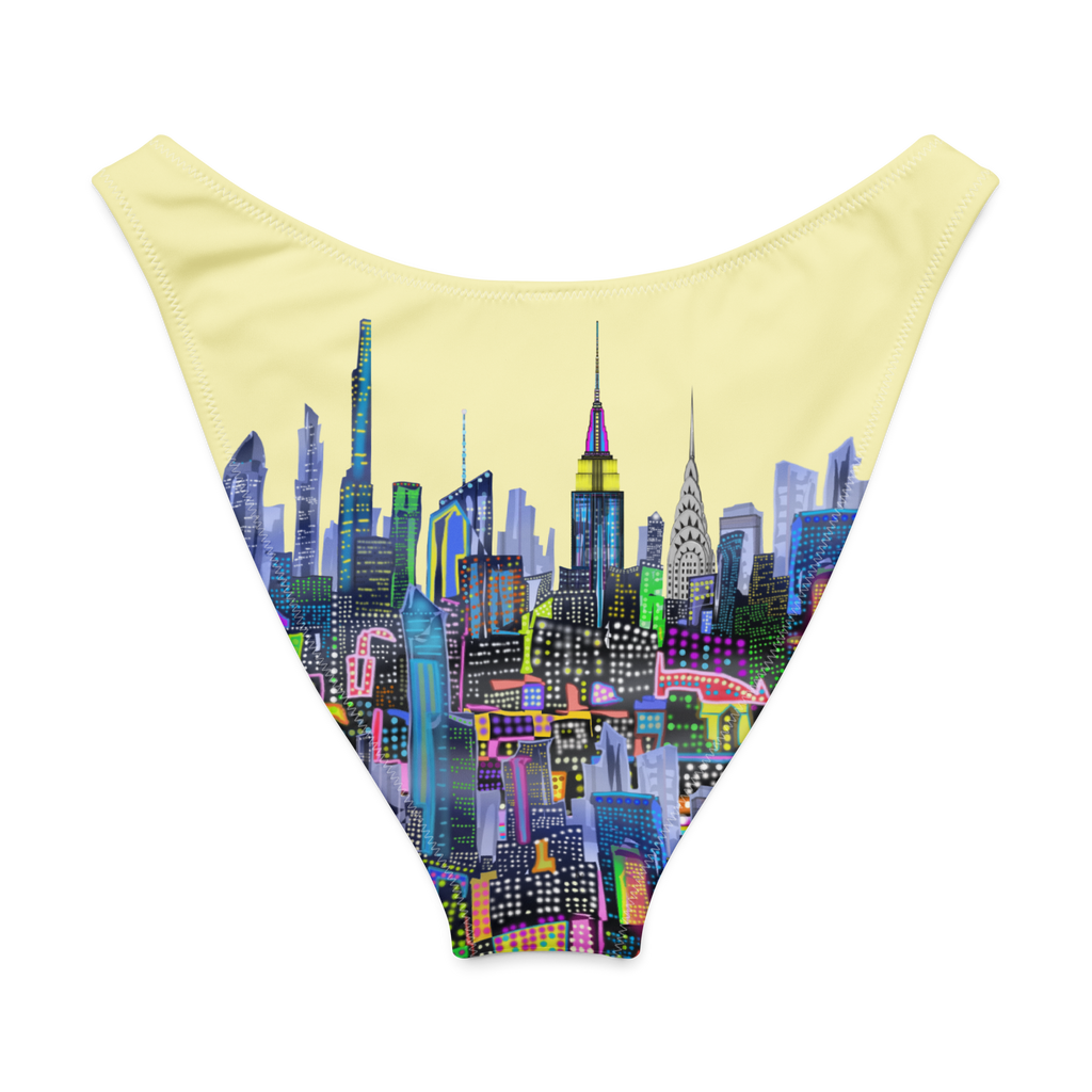 Beige swimsuit with colorful Loria NYC Art cityscape design on a white background