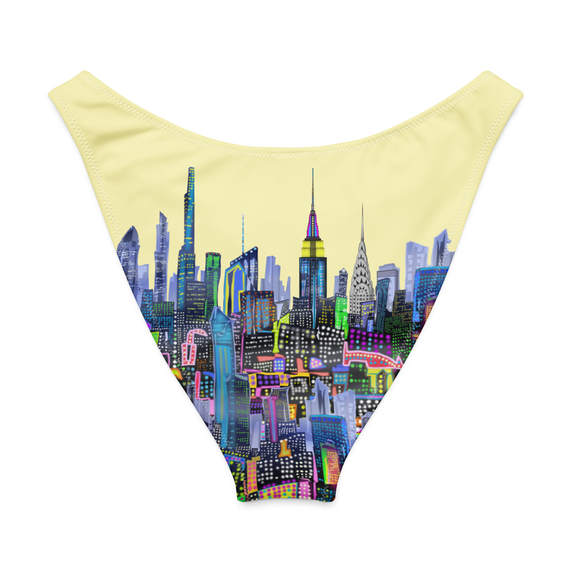 Beige swimsuit with colorful Loria NYC Art cityscape design on a white background