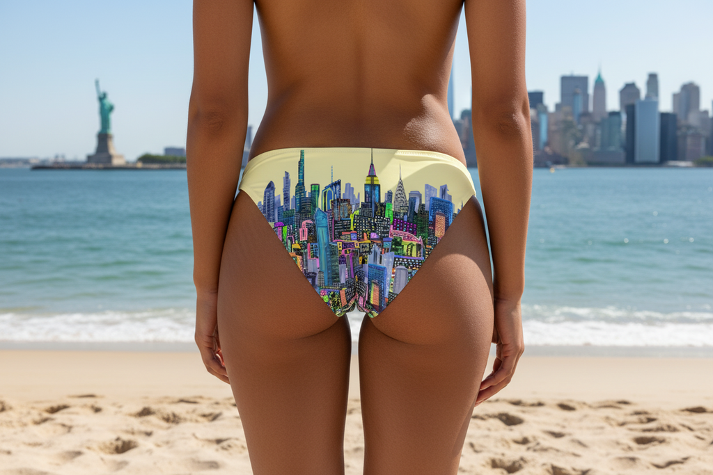 Person wearing a swimsuit with a cityscape Loria NYC Art design on a beach with the Statue of Liberty and New York City skyline in the background.