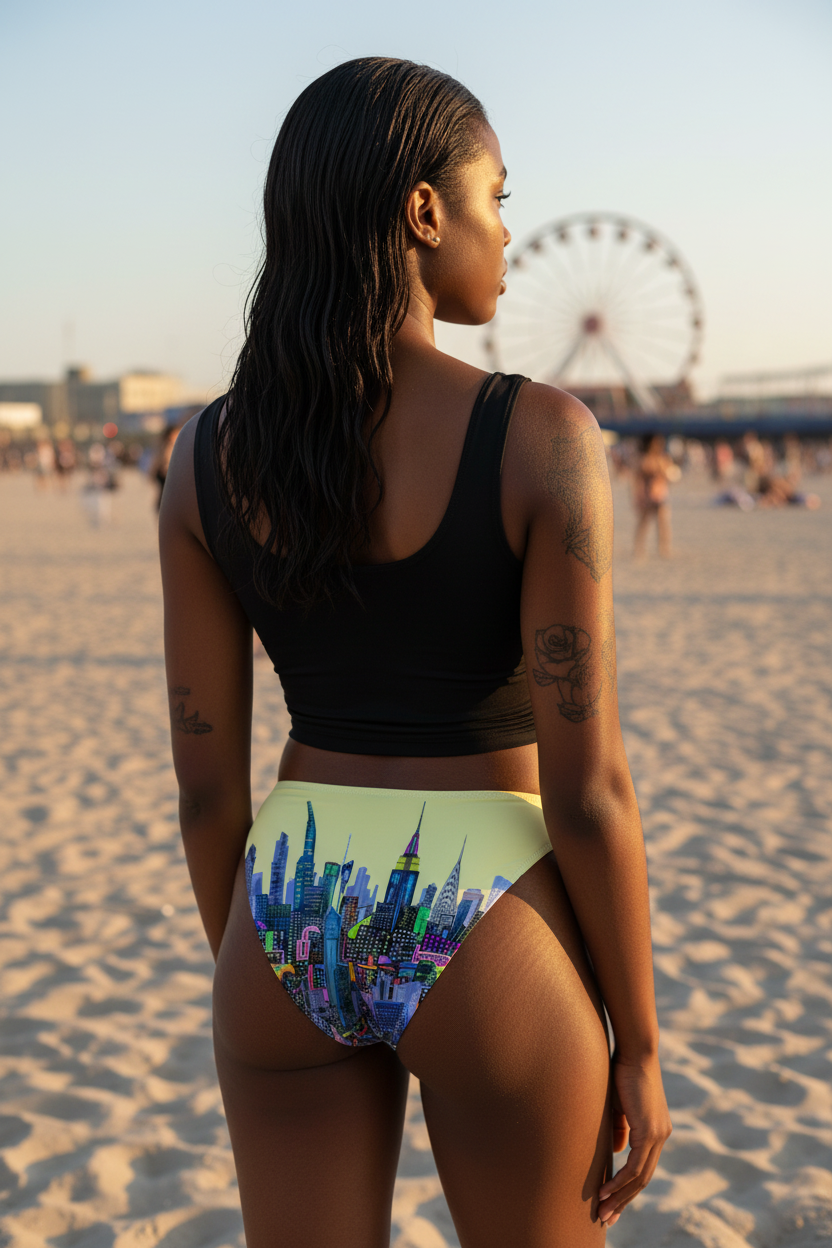 Woman in a colorful Loria NYC Art swimsuit on a beach with a Ferris wheel in the background