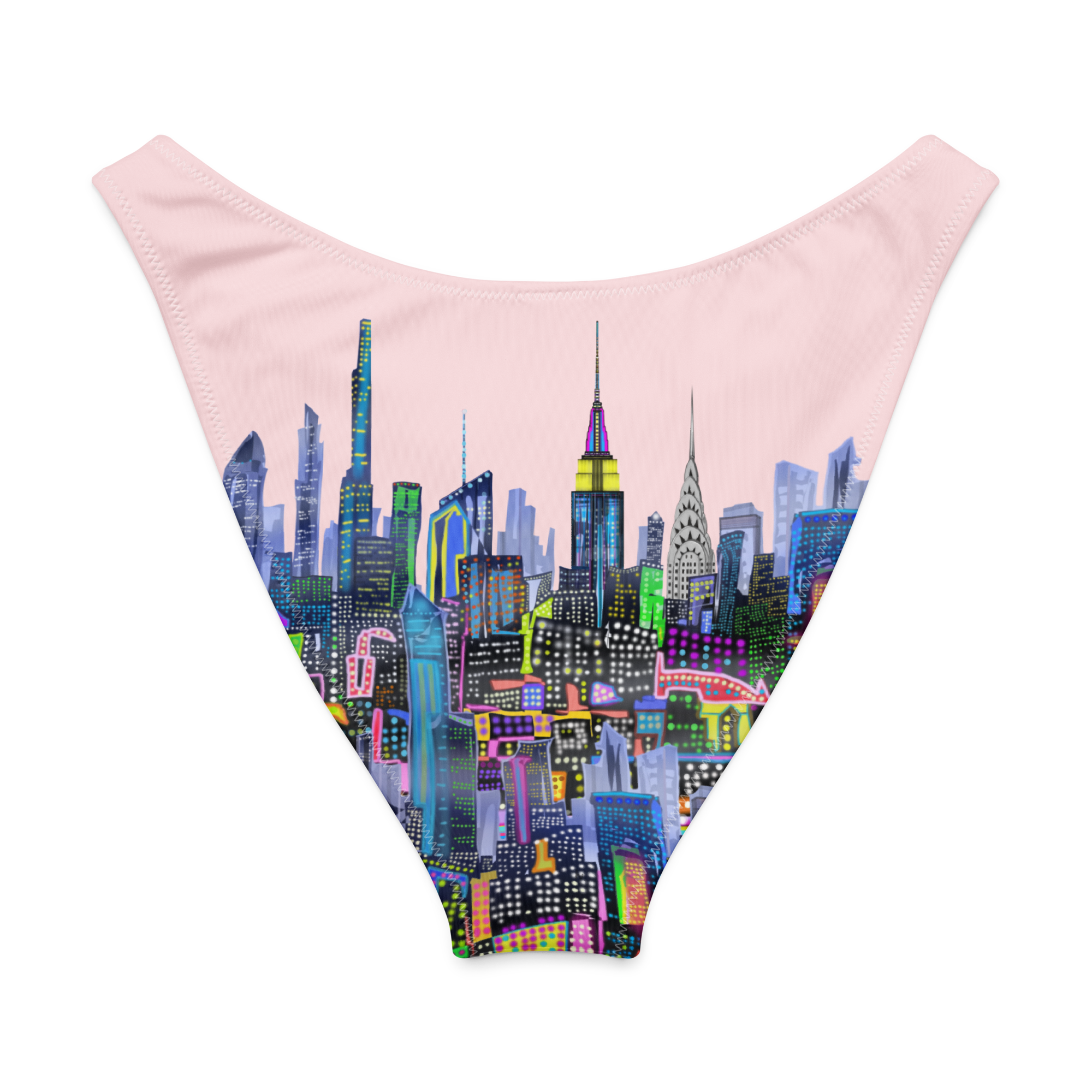 Back view of a swimsuit with a colorful cityscape Loria NYC Art design on a pink background