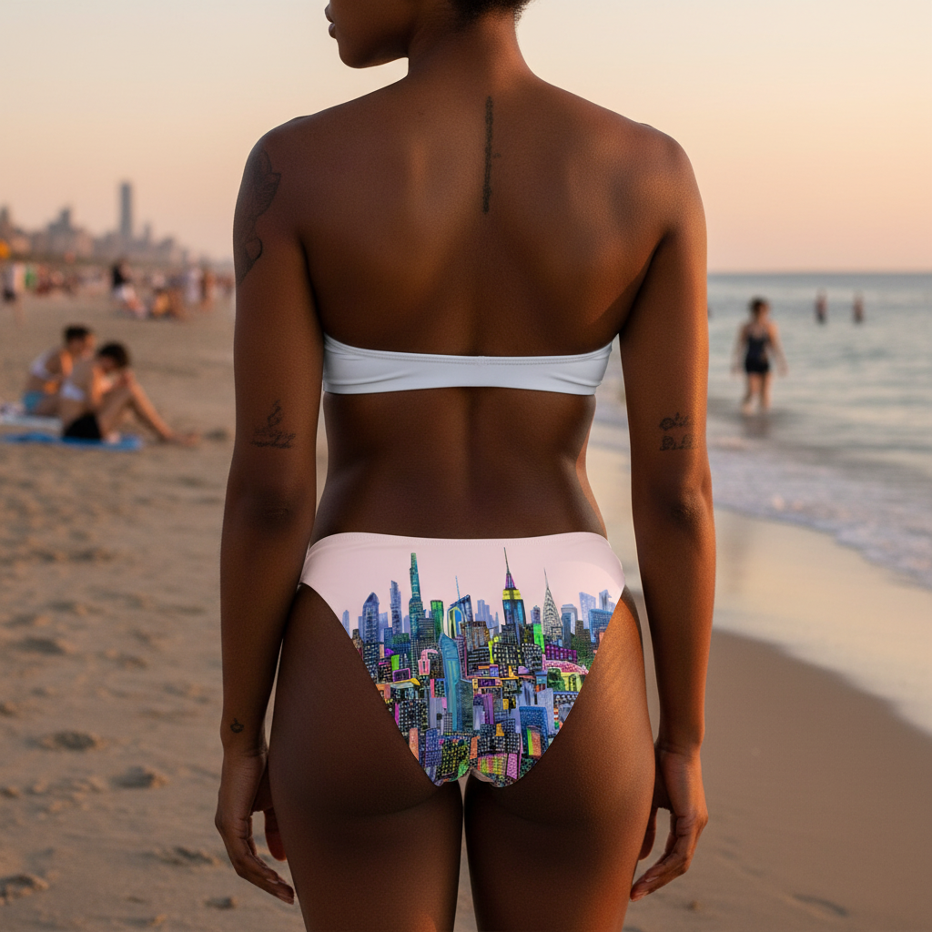 Person wearing a bikini with a Loria NYC Art cityscape design on a beach at sunset.
