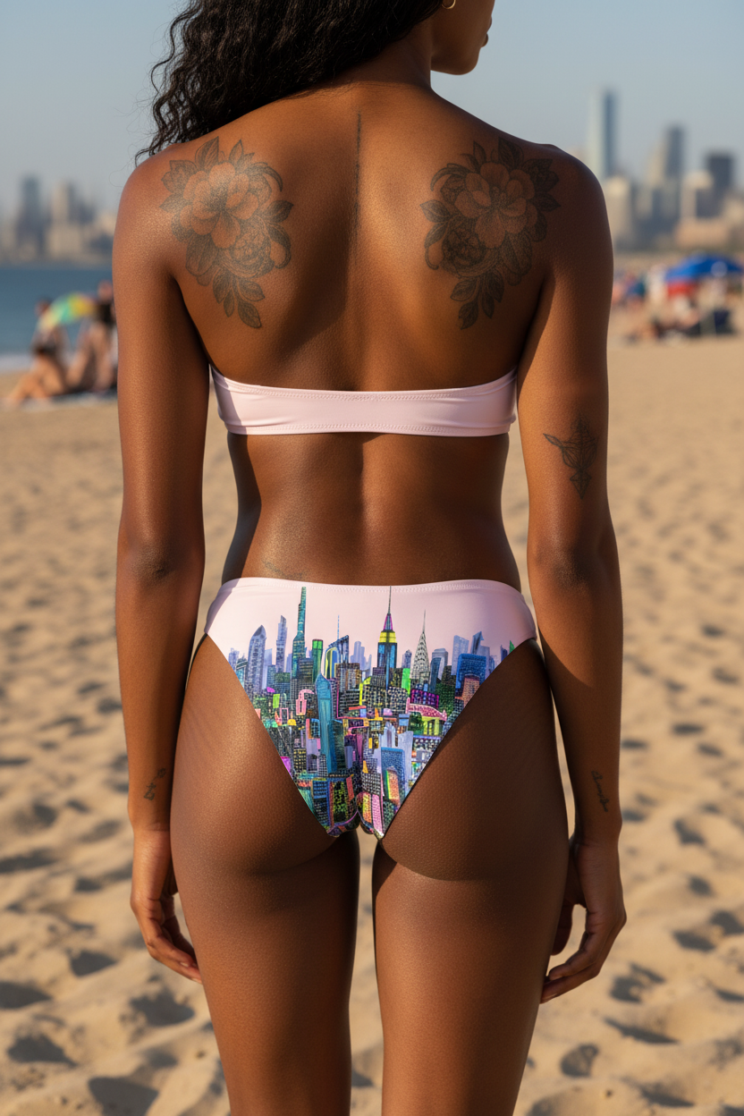 Person wearing a colorful Loria NYC Art cityscape bikini on a beach with a city skyline in the background