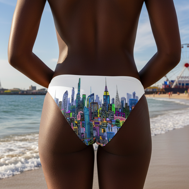 Person wearing a swimsuit with a cityscape Loria NYC Art design on a beach with a Ferris wheel in the background.