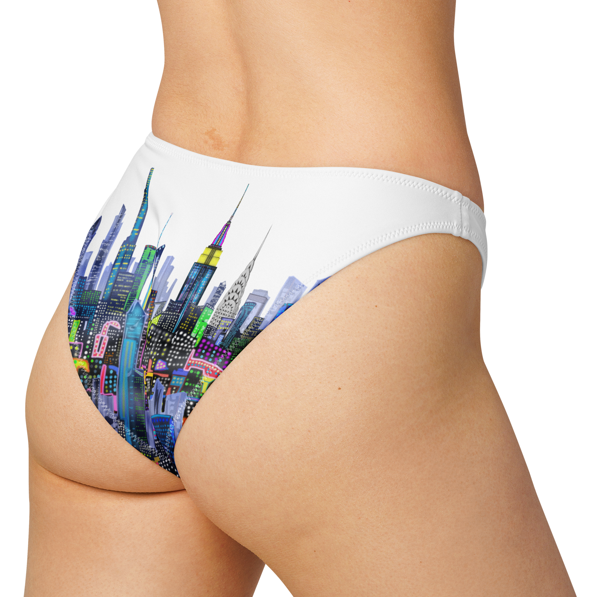 White underwear with colorful Loria NYC Art cityscape design on a white background