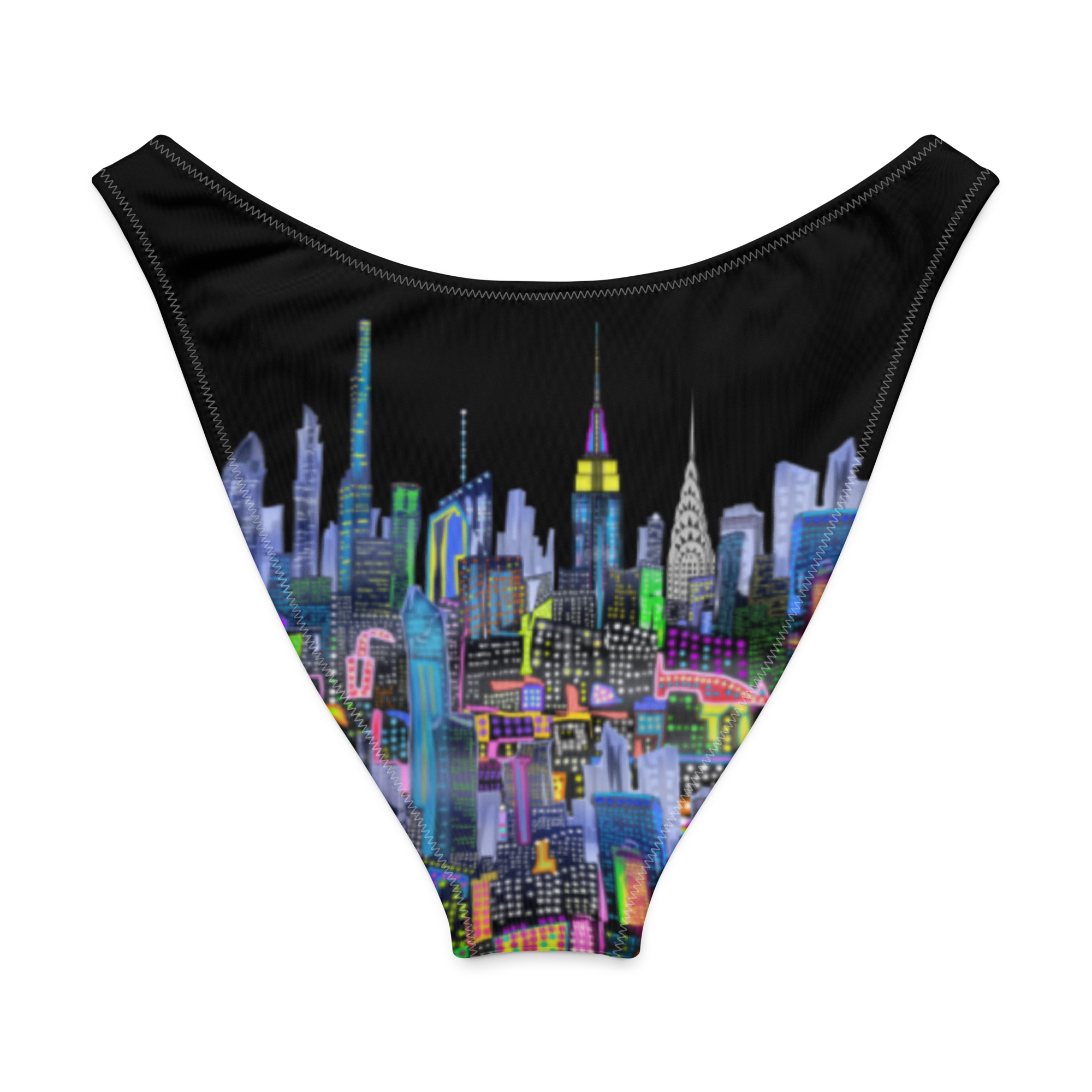 Black swimsuit with colorful Loria NYC Art cityscape design on a white background