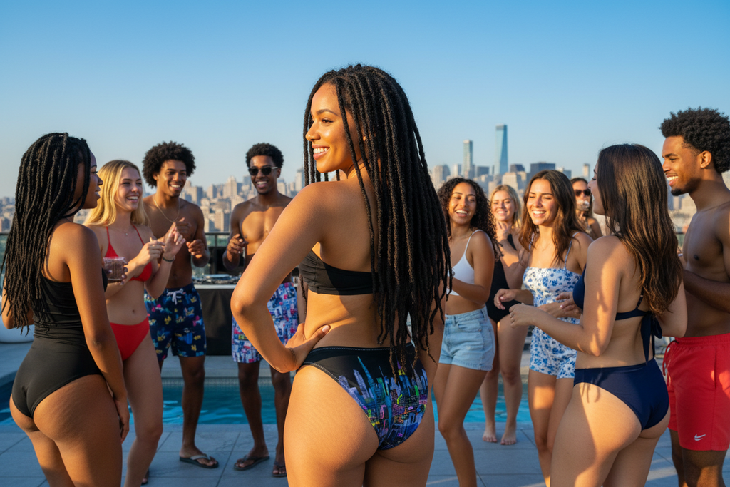 Female on a roof top wearing a black top and Loria NYC Art colorful high-waisted bikini bottom with cityscape design.