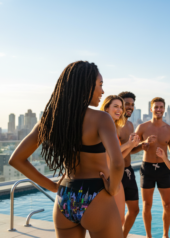 Women with dreadlocks and hands on hips on a roof top wearing a black top and Loria NYC Art colorful bikini bottom with cityscape design.