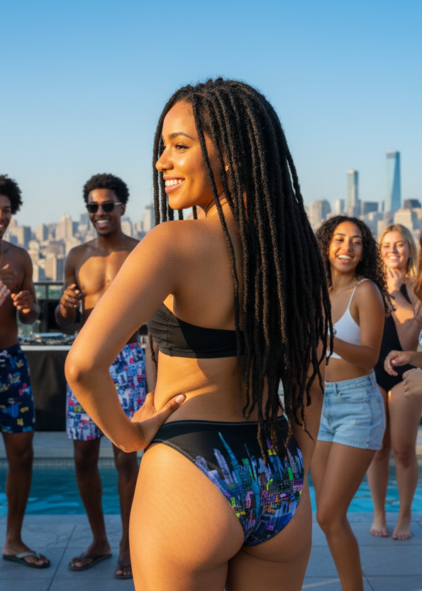 Women smiling with dreadlocks and hand on hip wearing a black top and Loria NYC Art colorful bikini bottom with cityscape design.