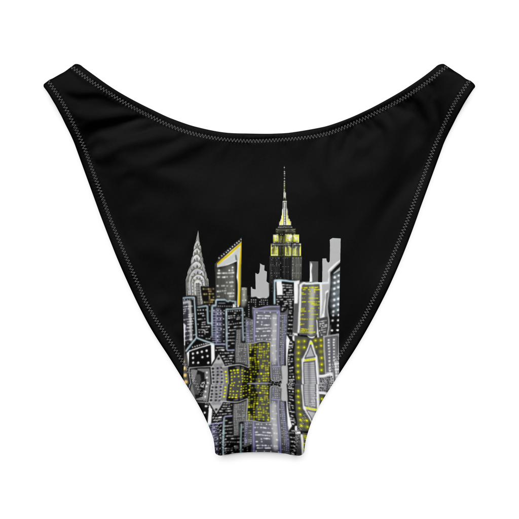 Black swimsuit with cityscape Loria NYC Art design on a white background