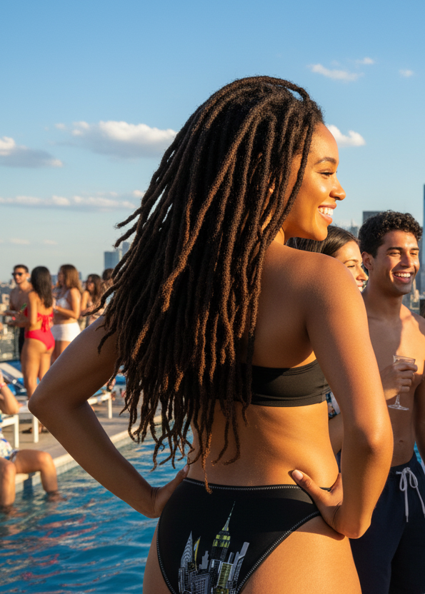 Female smiling with friends wearing a black Loria NYC Art bikini bottom on a rooftop pool party.