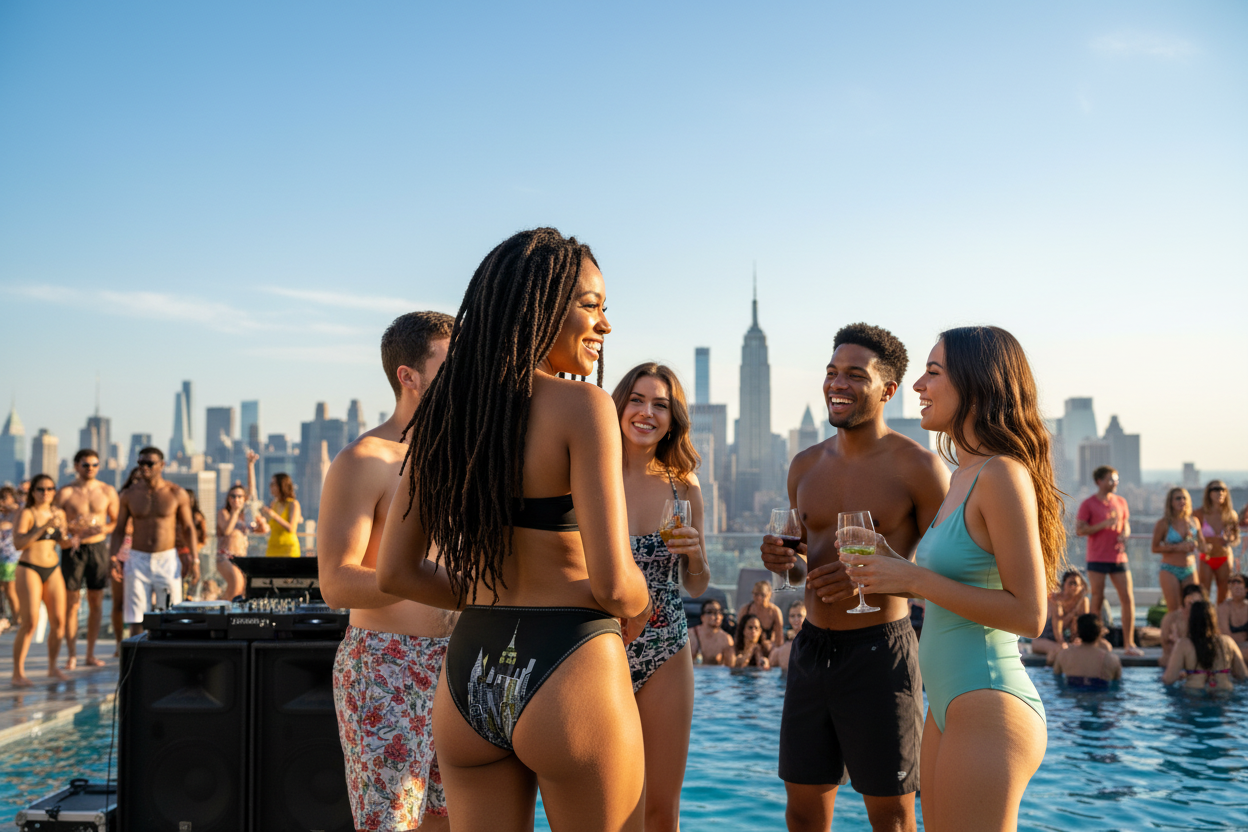Person talking with others wearing a black Loria NYC Art bikini bottom on a rooftop pool party with the skyline in the background.