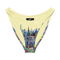 Beige bikini bottom with colorful Loria NYC Art cityscape design on a white background