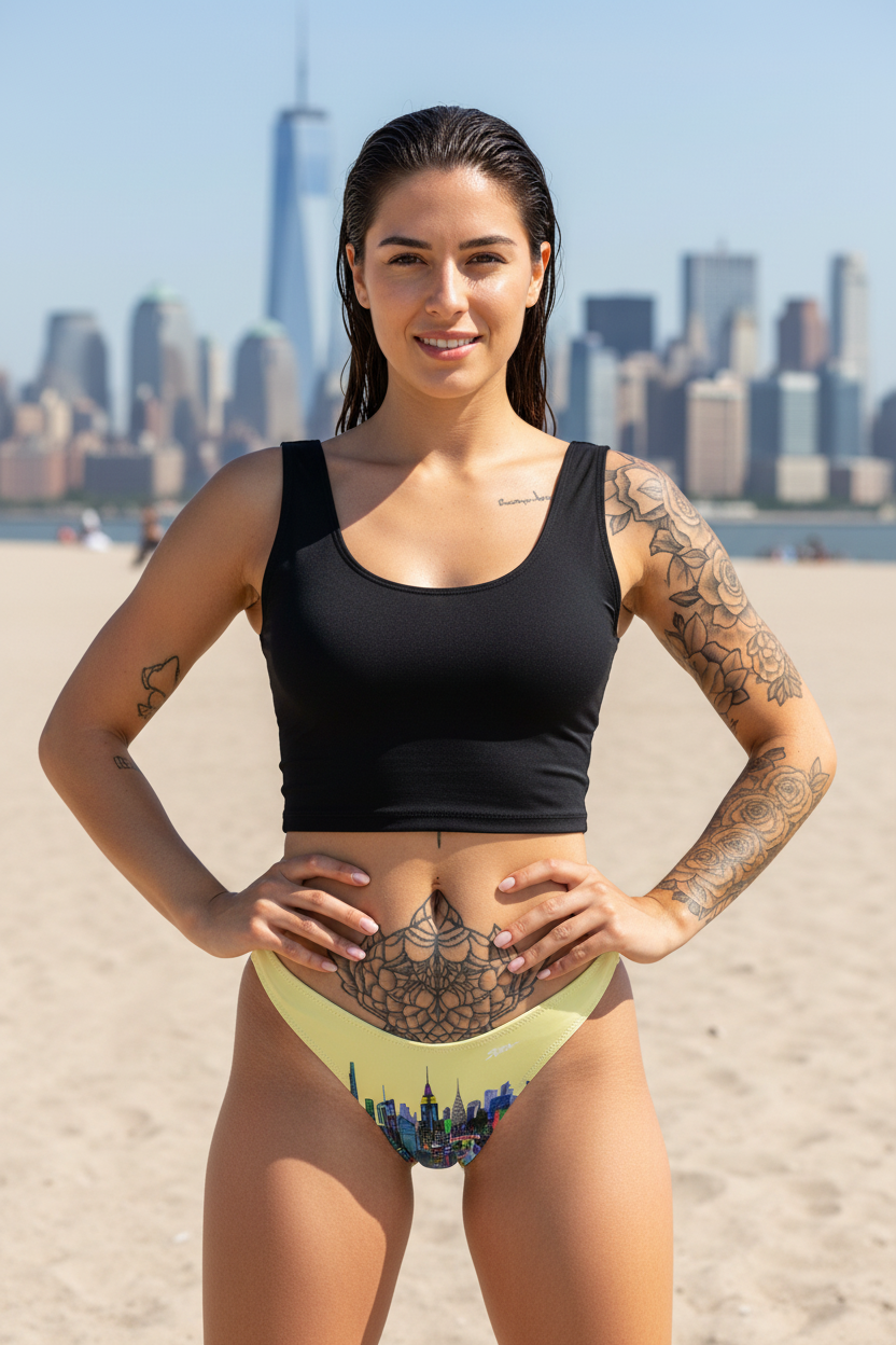 Woman in a black sports bra and yellow bikini Loria NYC Art bottom with tattoos, standing on a beach with a city skyline in the background.
