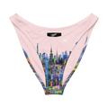 Pink underwear with colorful Loria NYC Art cityscape design on a white background